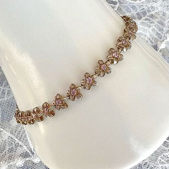Vintage Solid Sterling & Pink Topaz Flower Bracelet/Anklet ~9.5” - Picture 1 of 10